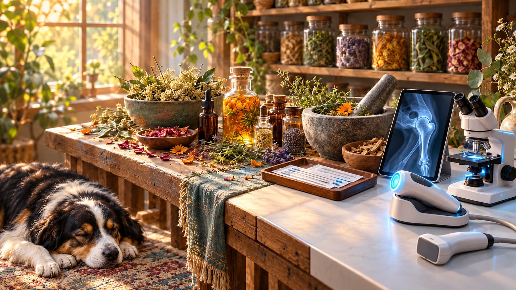 Illustration of a sunlit apothecary workbench where dried herbs, a mortar and pestle, and acupuncture needles share a table with a tablet showing a bone scan, a microscope, a therapeutic laser, and an ultrasound probe, with a dog sleeping nearby.
