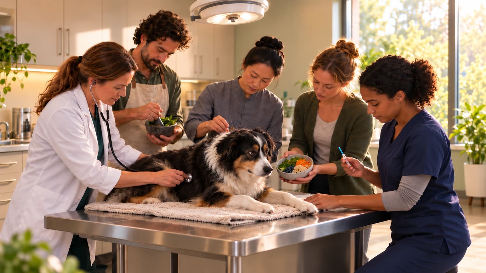 Illustration of five care professionals, each focused on their own tool, gathered around a calm dog resting on an exam table.