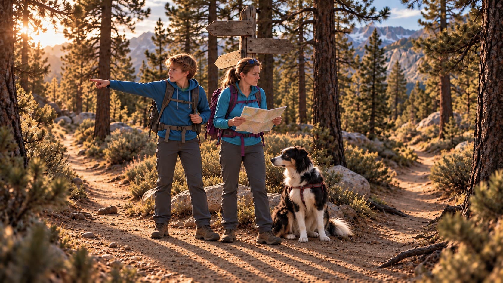Illustration of a mother, her son, and their dog at a fork in a mountain trail, studying a paper map beneath a blank wooden signpost.