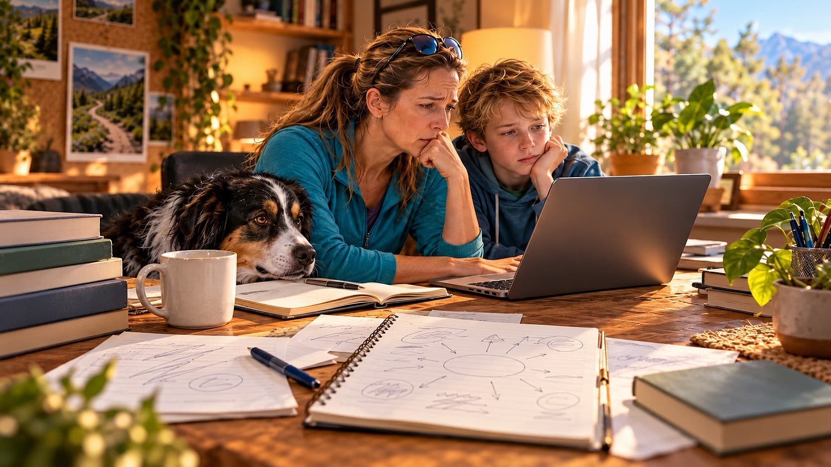 Illustration of a worried mother and her son searching on a laptop, notebooks and books spread across the table, their dog resting its head beside them.